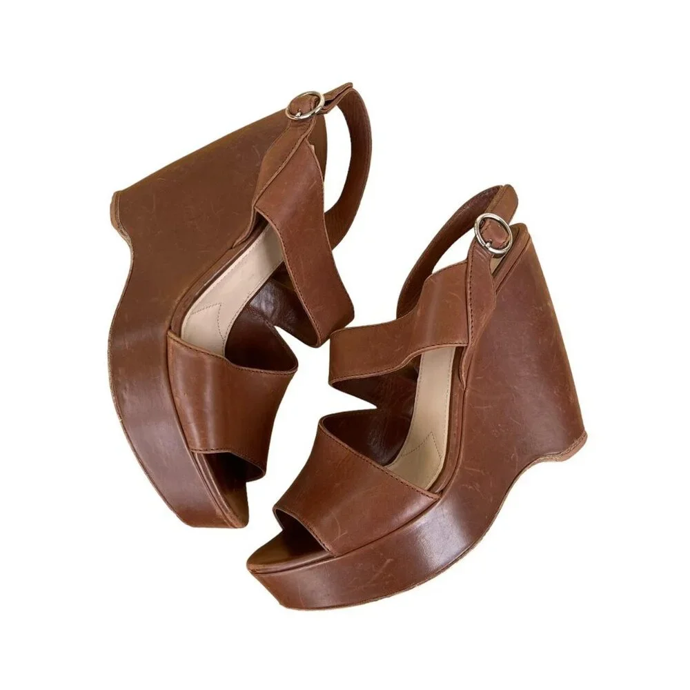 Prada Brown Leather Platform Wedge Sandals Open Toe Slingback Size 37